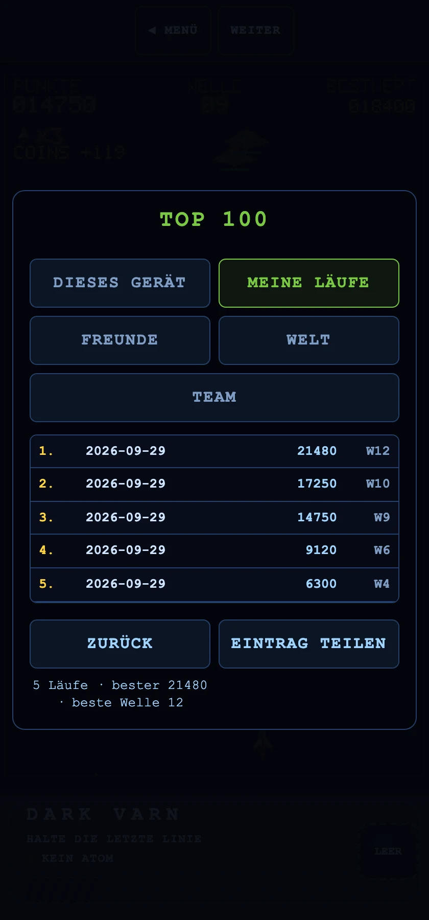 Die Liste der eigenen Läufe mit Punktzahl und erreichter Welle, der beste Lauf hervorgehoben.
