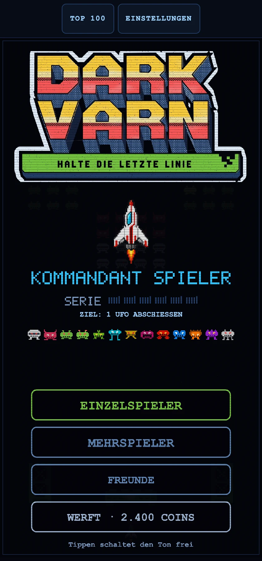 DARK VARN auf einem Telefon: die Wortmarke in bunten Pixelbuchstaben, darunter der Untertitel HALTE DIE LETZTE LINIE, das eigene Schiff und die Reihe der Gegnertypen.