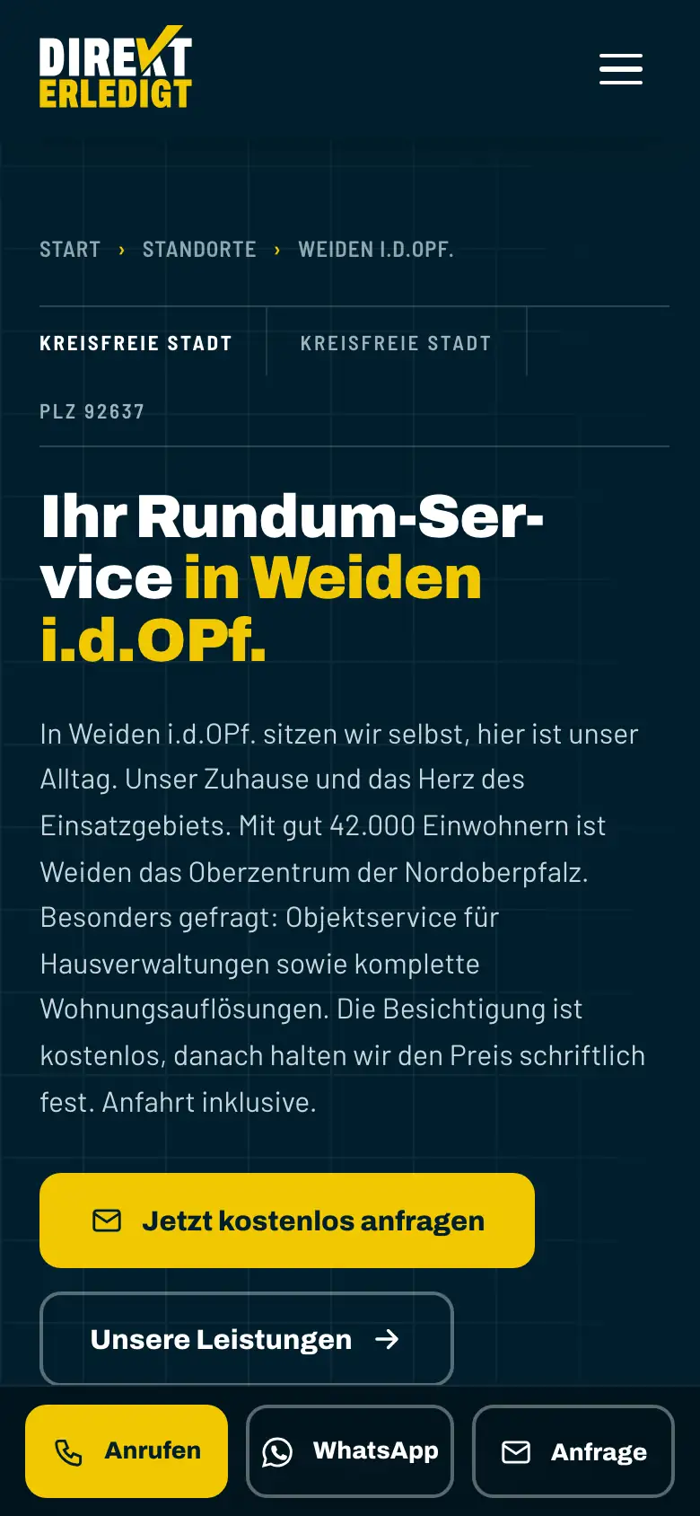 Ortsseite Weiden i.d.OPf. auf direkterledigt.de, Bildschirmfoto am Telefon