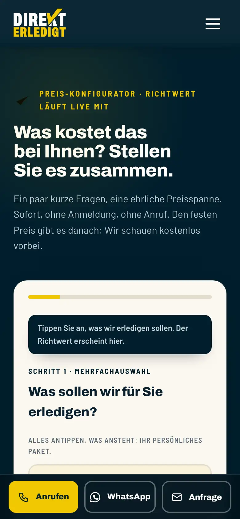 Preis-Check von direkterledigt.de am Telefon, erster Schritt der Auswahl