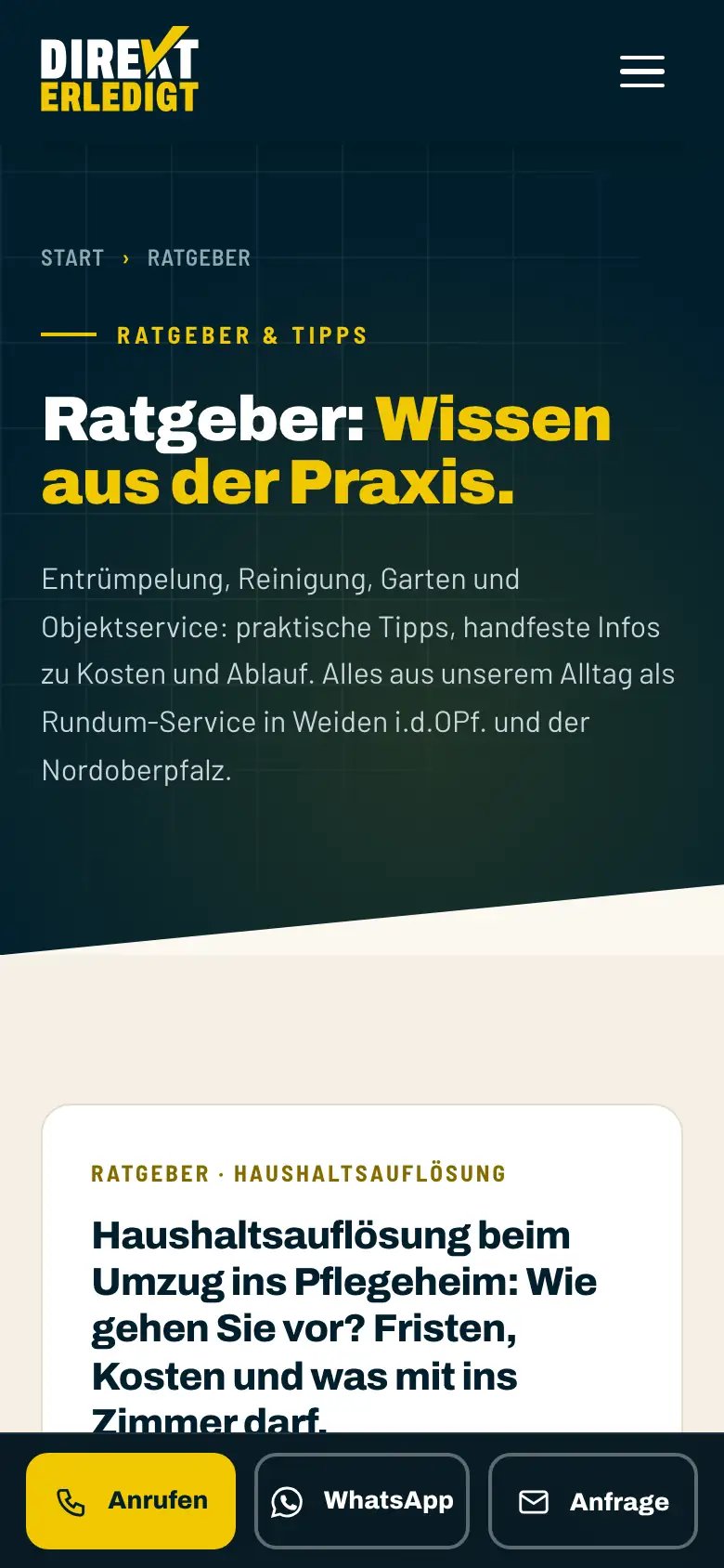 Ratgeber von direkterledigt.de am Telefon, Bildschirmfoto der Live-Seite