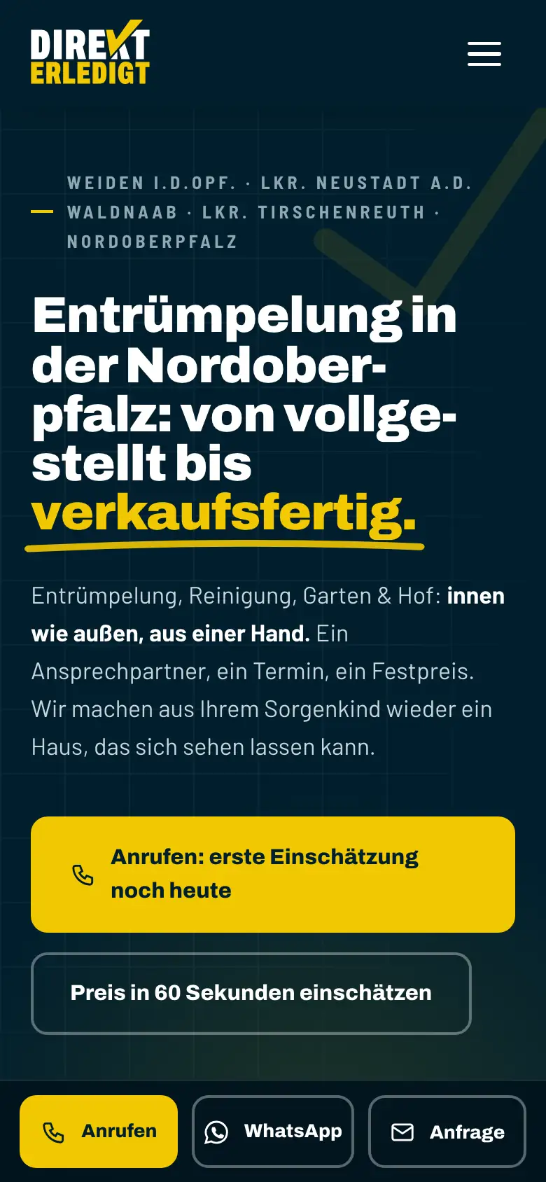 Startseite von direkterledigt.de am Telefon, Bildschirmfoto der Live-Seite