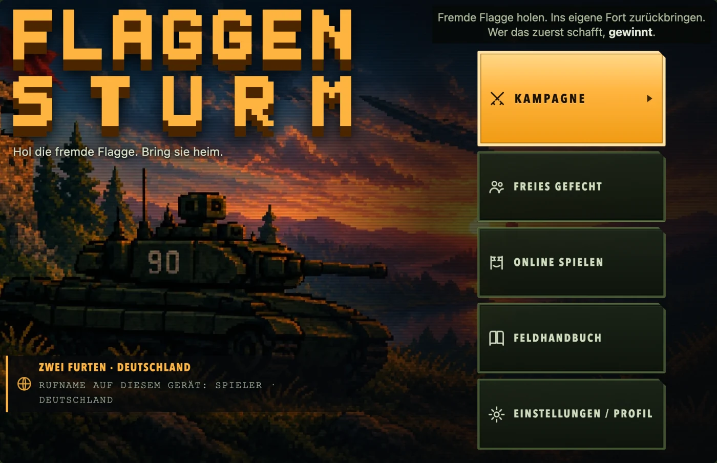 Das Startmenü: die Wortmarke FLAGGENSTURM in Pixelbuchstaben über einem Panzer im Abendlicht, rechts fünf Knöpfe von Kampagne bis Einstellungen.
