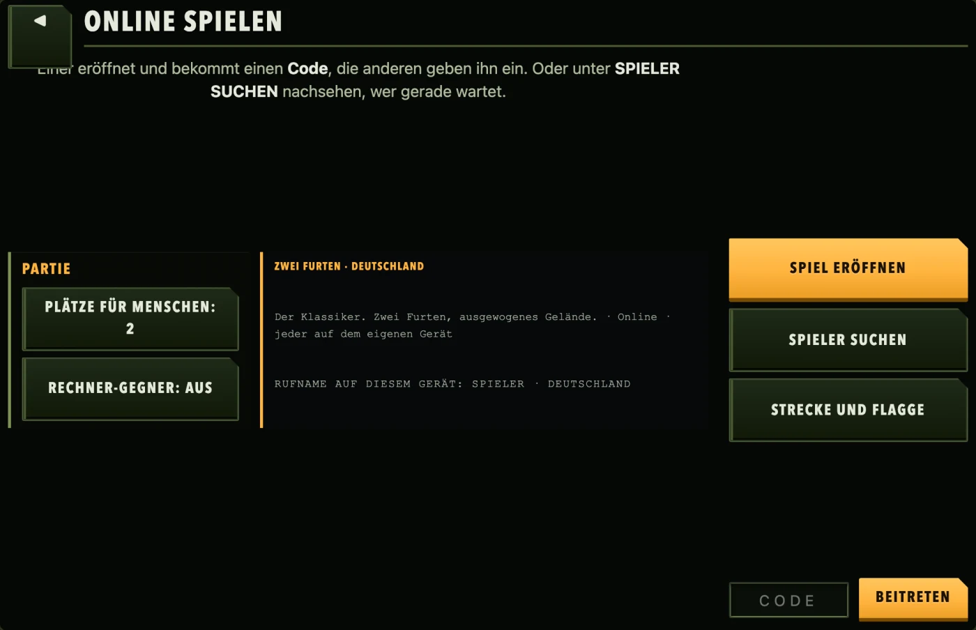 Das Online-Menü: Partie eröffnen oder mit einem vierstelligen Code beitreten.