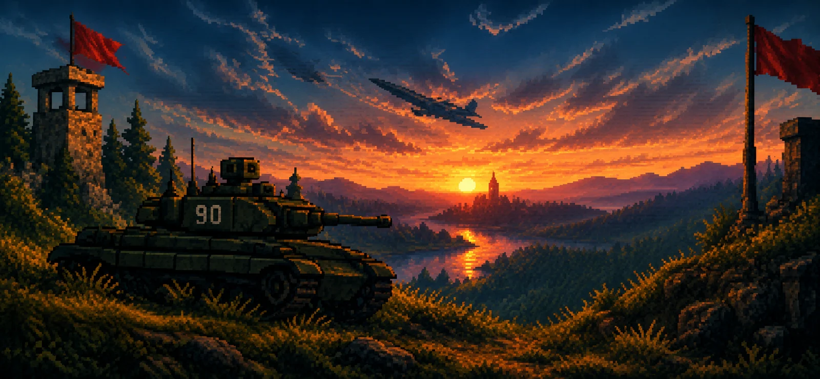 Ein Panzer auf einem Hügel über einem Fluss, Abendsonne über bewaldeten Bergen, im Pixelstil gezeichnet.