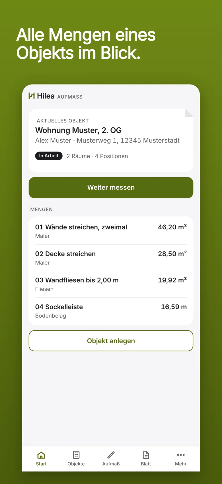 Hilea Aufmaß auf dem Telefon: die Startseite mit dem aktuellen Objekt, vier Mengen und dem Knopf Weiter messen.