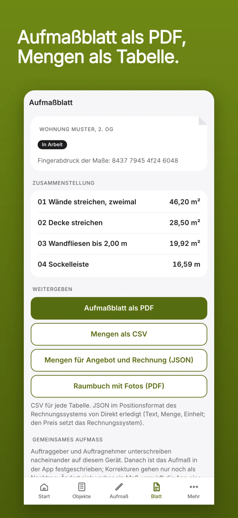 Hilea Aufmaß: das Aufmaßblatt mit der Zusammenstellung der Positionen und den Knöpfen Aufmaßblatt als PDF, Mengen als CSV und Raumbuch mit Fotos.