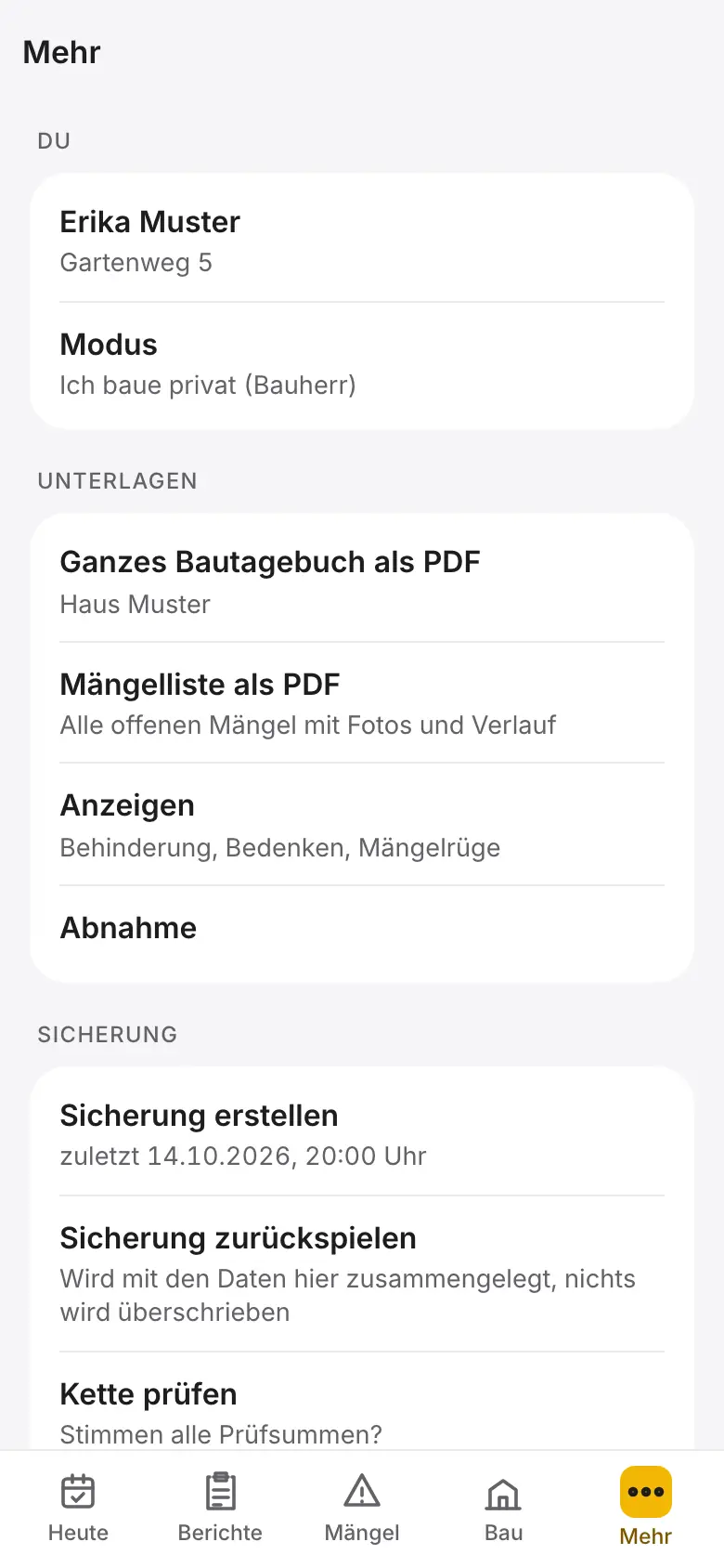 Hilea Bautagebuch: der Bereich Mehr mit den Vorlagen Ganzes Bautagebuch als PDF, Mängelliste als PDF, Anzeigen und Abnahme sowie dem Abschnitt Sicherung.