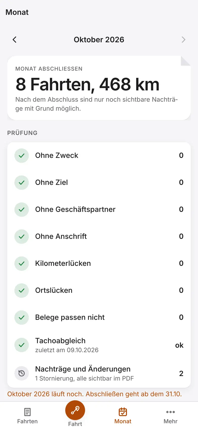 Hilea Fahrtenbuch: die Monatsprüfung mit Häkchen bei Ohne Zweck, Ohne Ziel, Ohne Geschäftspartner, Ohne Anschrift, Kilometerlücken, Ortslücken, Belege und Tachoabgleich.