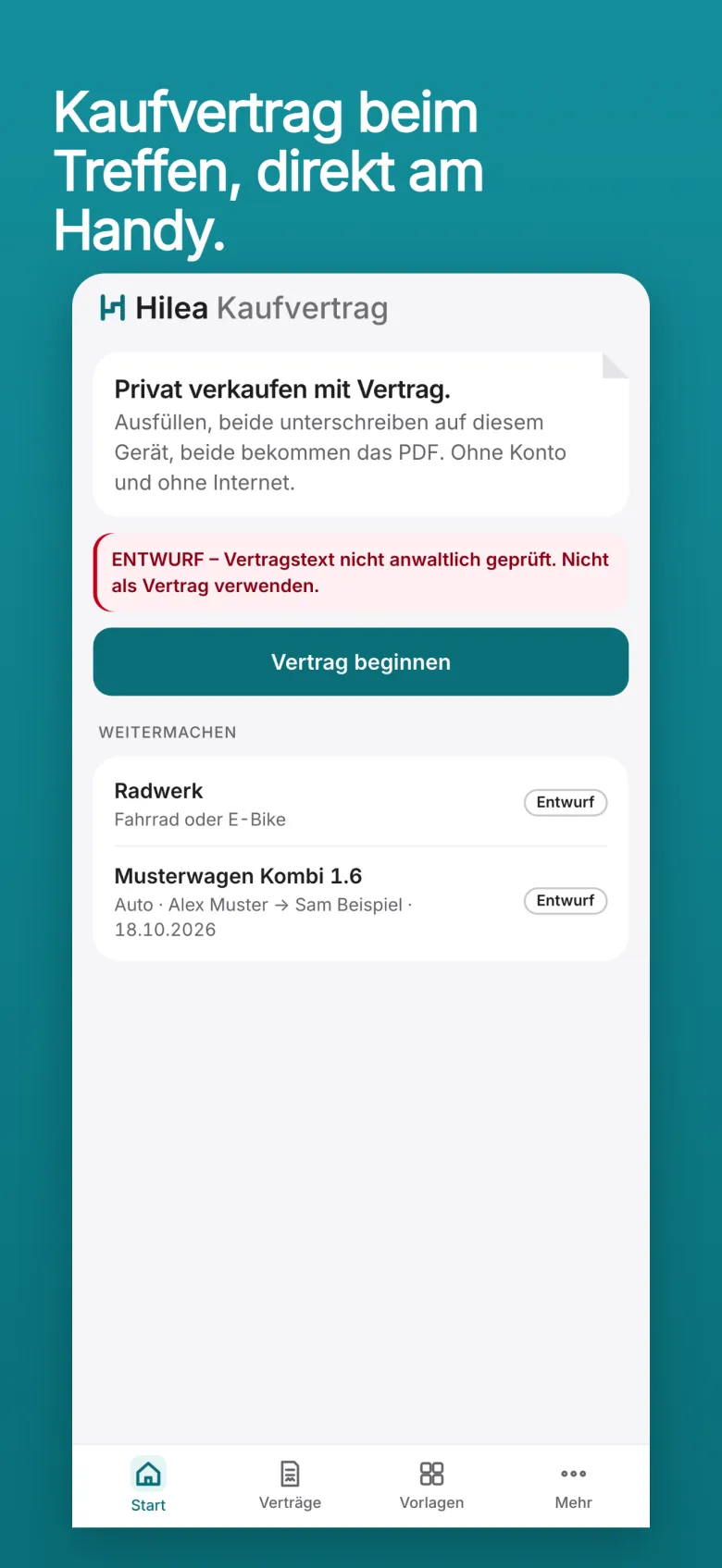 Hilea Kaufvertrag auf dem Telefon: die Startseite mit dem Knopf Vertrag beginnen und zwei Beispielverträgen.