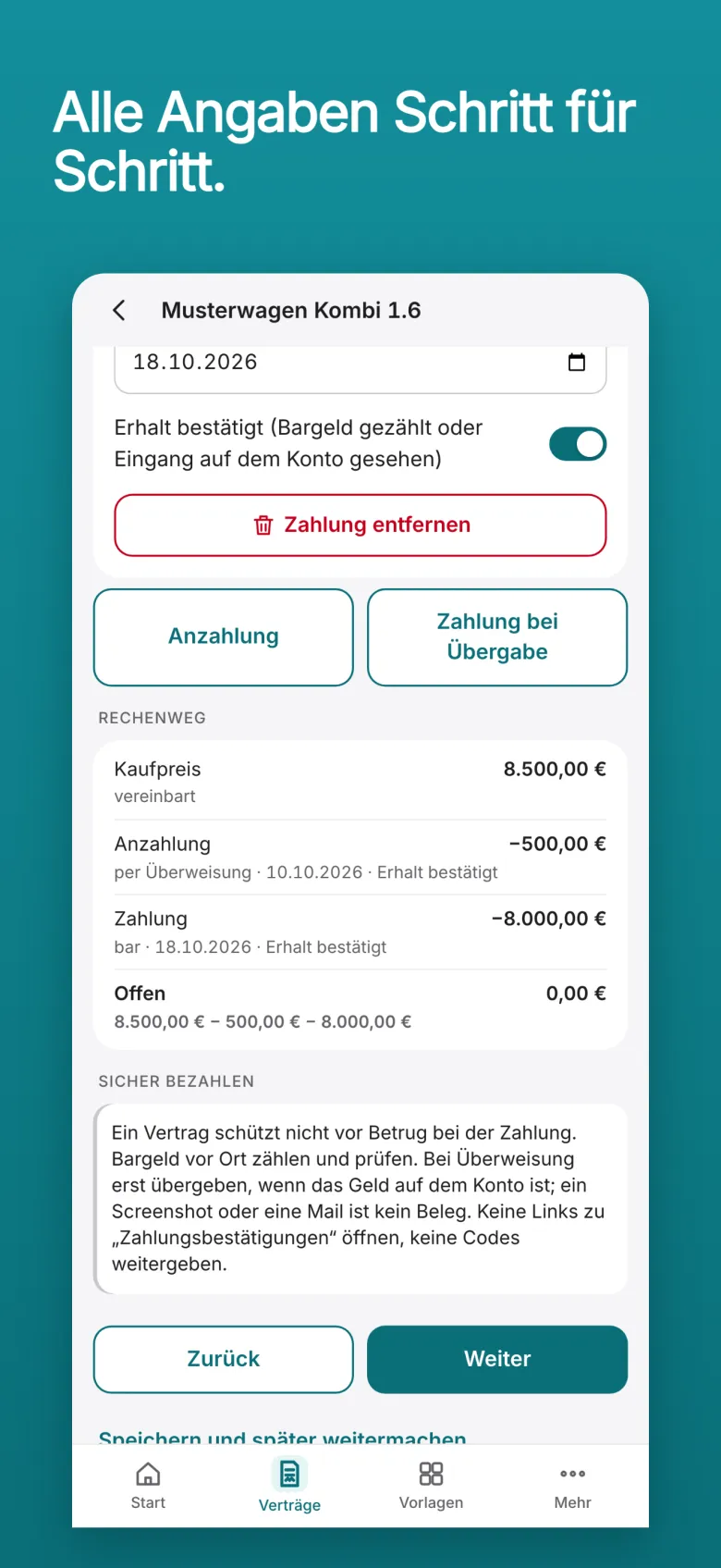 Hilea Kaufvertrag: die Zahlung eines Beispielvertrags mit Kaufpreis, Anzahlung, Zahlung und dem Rechenweg bis offen 0,00 €.