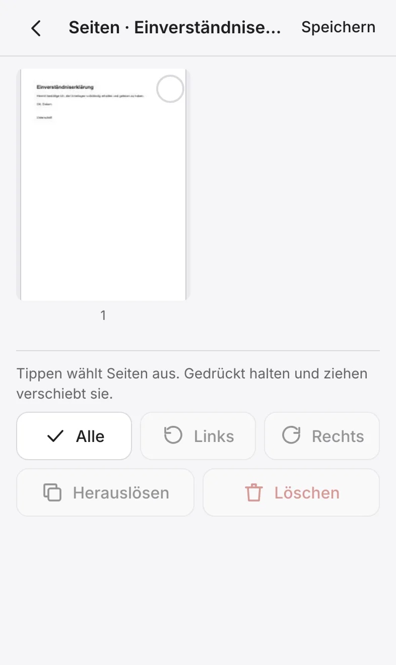 Hilea PDF: die Seitenübersicht eines Dokuments mit den Knöpfen Links und Rechts drehen, Herauslösen und Löschen.