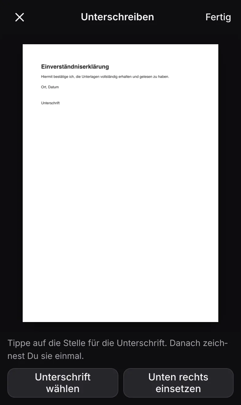 Hilea PDF im Unterschreiben-Modus: ein Dokument mit dem Hinweis, auf die Stelle für die Unterschrift zu tippen, darunter die Knöpfe Unterschrift wählen und Unten rechts einsetzen.