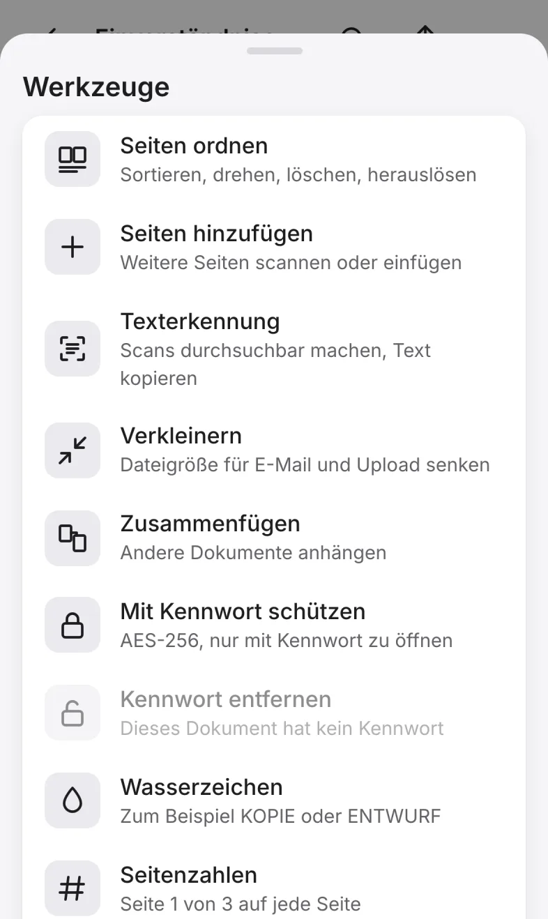 Hilea PDF: die Liste der Werkzeuge, darunter Seiten ordnen, Texterkennung, Verkleinern, Zusammenfügen, Mit Kennwort schützen, Wasserzeichen und Seitenzahlen.