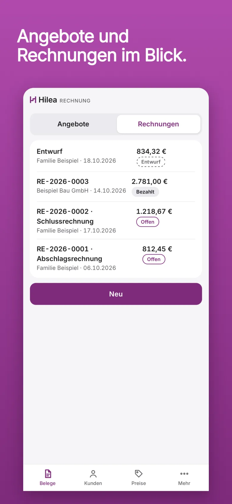 Hilea Rechnung auf dem Telefon: die Liste der Angebote und Rechnungen mit Beispielkunden, Beträgen und dem Knopf Neu.