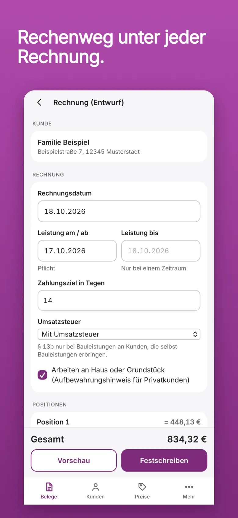 Hilea Rechnung: der Entwurf einer Rechnung mit Rechnungsdatum, Leistungszeitraum, Zahlungsziel, Umsatzsteuer und den Knöpfen Vorschau und Festschreiben.