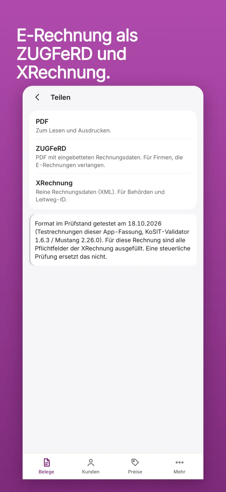 Hilea Rechnung: das Teilen einer Rechnung als PDF, ZUGFeRD oder XRechnung.