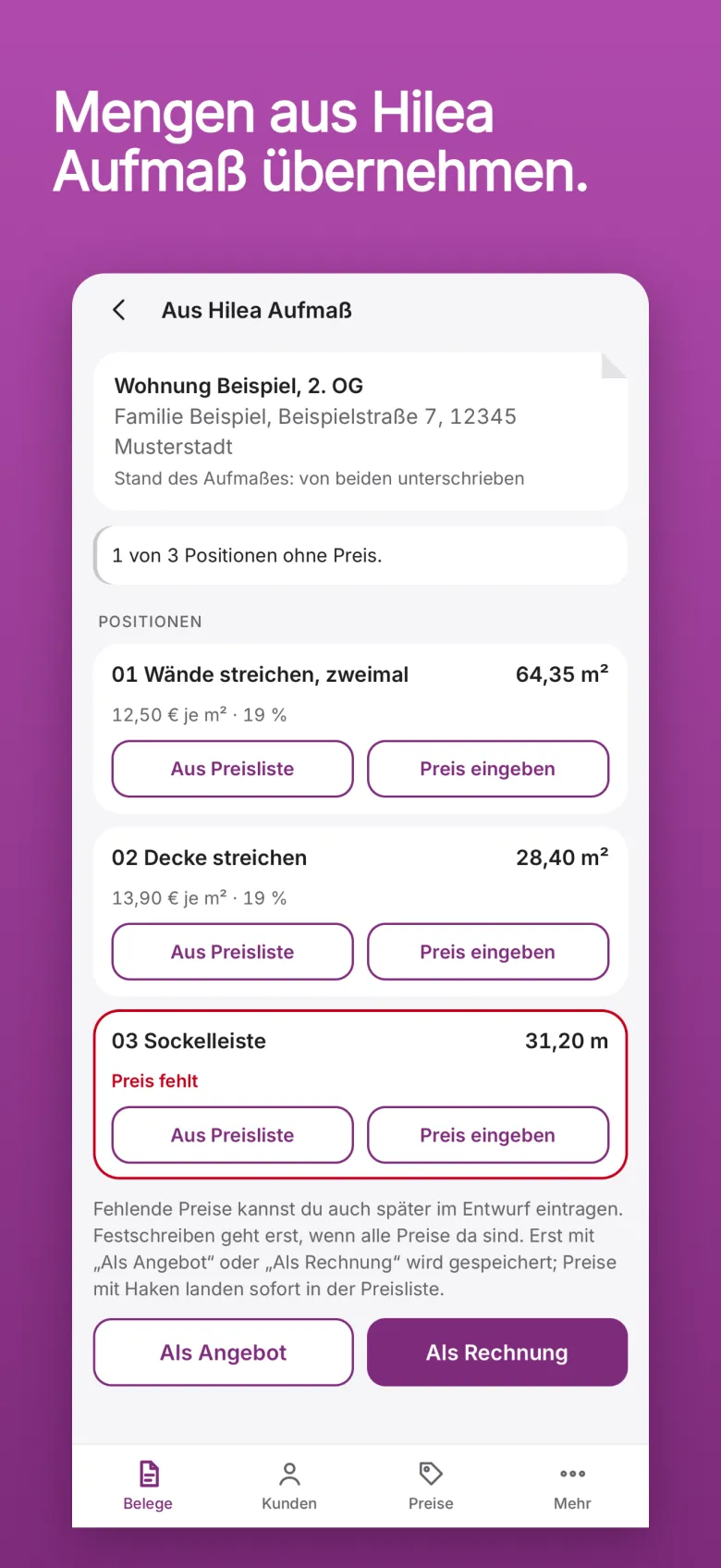 Hilea Rechnung: die Mengen eines Beispielaufmaßes aus Hilea Aufmaß mit Positionen, Preisen aus der Preisliste und rot markierten fehlenden Preisen.