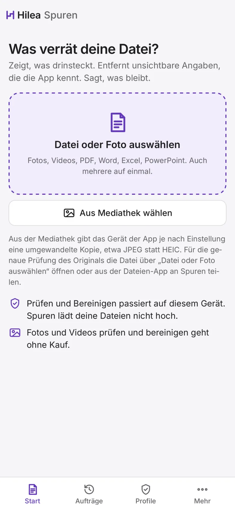 Hilea Spuren auf dem Telefon: die Startseite mit dem Knopf zum Öffnen einer Datei.