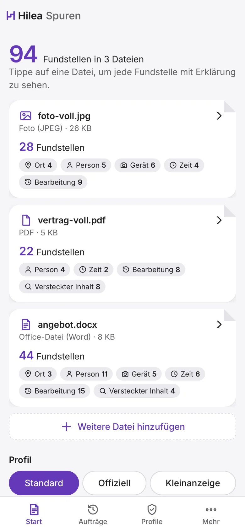 Hilea Spuren: die Fundliste mit drei Beispieldateien, jeweils mit der Zahl der Fundstellen nach Gruppen wie Ort, Person, Gerät, Zeit, Bearbeitung und versteckter Inhalt.