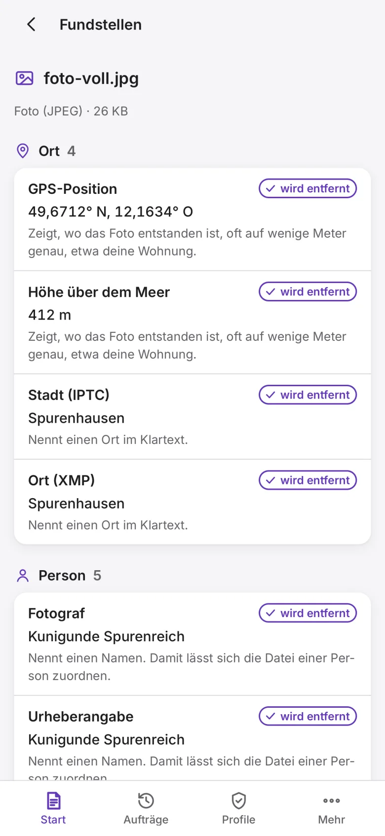 Hilea Spuren: die Fundstellen einer Beispieldatei mit Wert und einem Satz, warum die Fundstelle heikel ist.