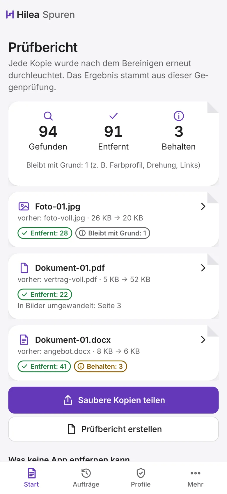 Hilea Spuren: der Prüfbericht mit den Zahlen Gefunden, Entfernt und Behalten und den Knöpfen Saubere Kopien teilen und Prüfbericht erstellen.