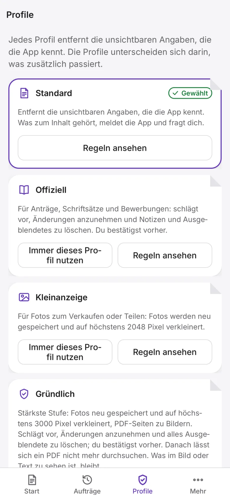 Hilea Spuren: die Profile Standard, Offiziell, Kleinanzeige und Gründlich mit ihren Regeln.