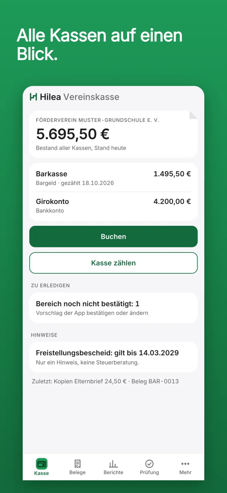 Hilea Vereinskasse auf dem Telefon: die Übersicht mit dem Bestand aller Kassen eines Beispielvereins, Barkasse und Girokonto und den Knöpfen Buchen und Kasse zählen.