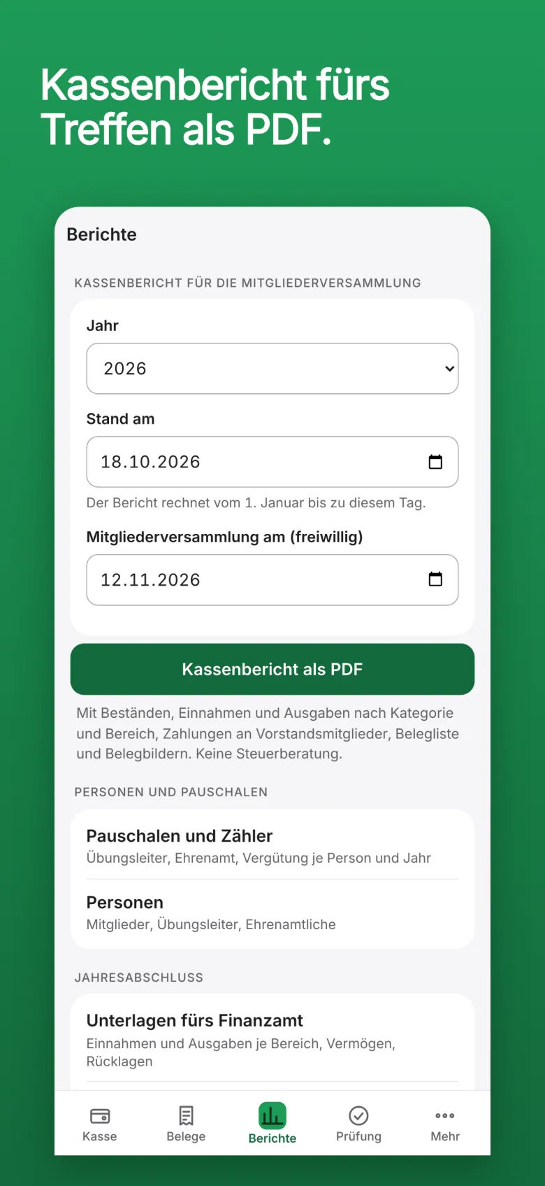 Hilea Vereinskasse: die Eingabe für den Kassenbericht fürs Treffen mit Jahr, Stand und Datum der Mitgliederversammlung und dem Knopf Kassenbericht als PDF.