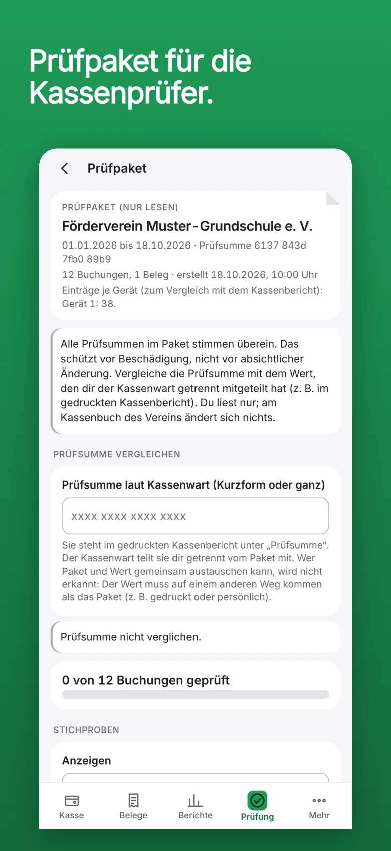 Hilea Vereinskasse: das Prüfpaket eines Beispielvereins zum Lesen mit dem Vergleich der Prüfsumme und den Stichproben.