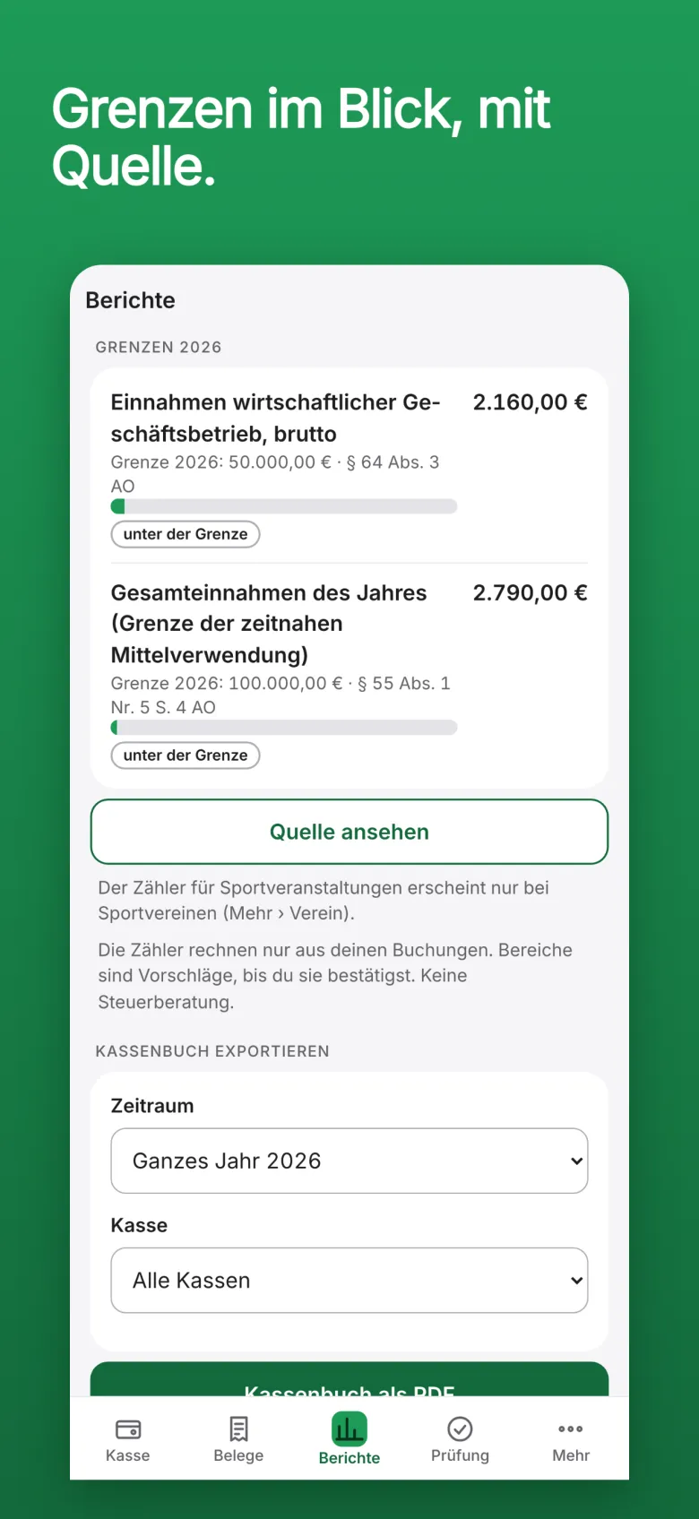 Hilea Vereinskasse: die Grenzen 2026 mit den Einnahmen des wirtschaftlichen Geschäftsbetriebs und den Gesamteinnahmen, jeweils mit Balken und dem Knopf Quelle ansehen.