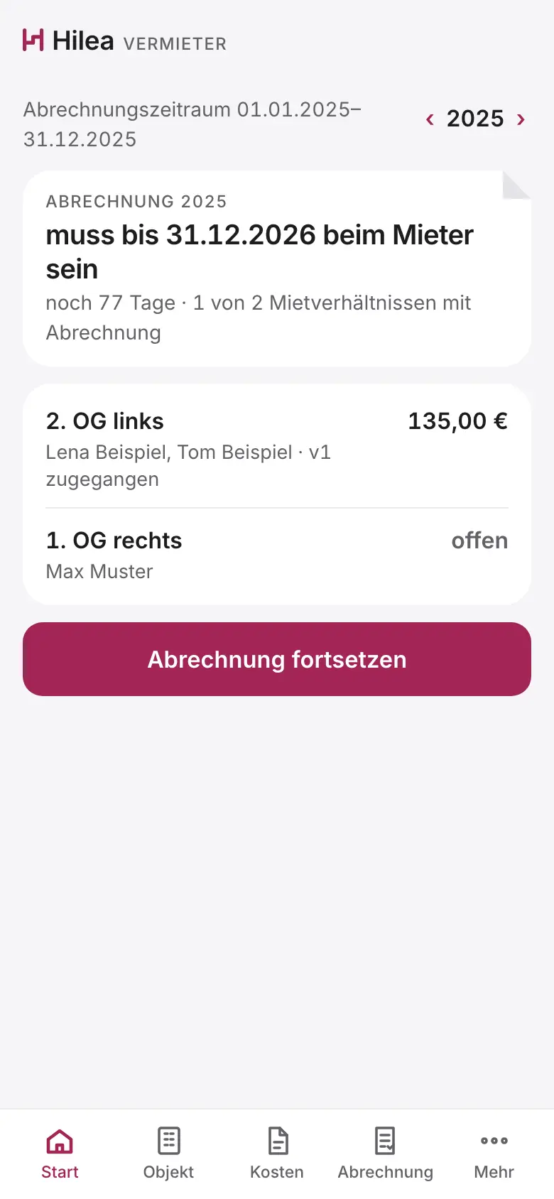 Hilea Vermieter auf dem Telefon: die Startseite mit der Frist für die Abrechnung, den Mietverhältnissen und dem Knopf Abrechnung fortsetzen.