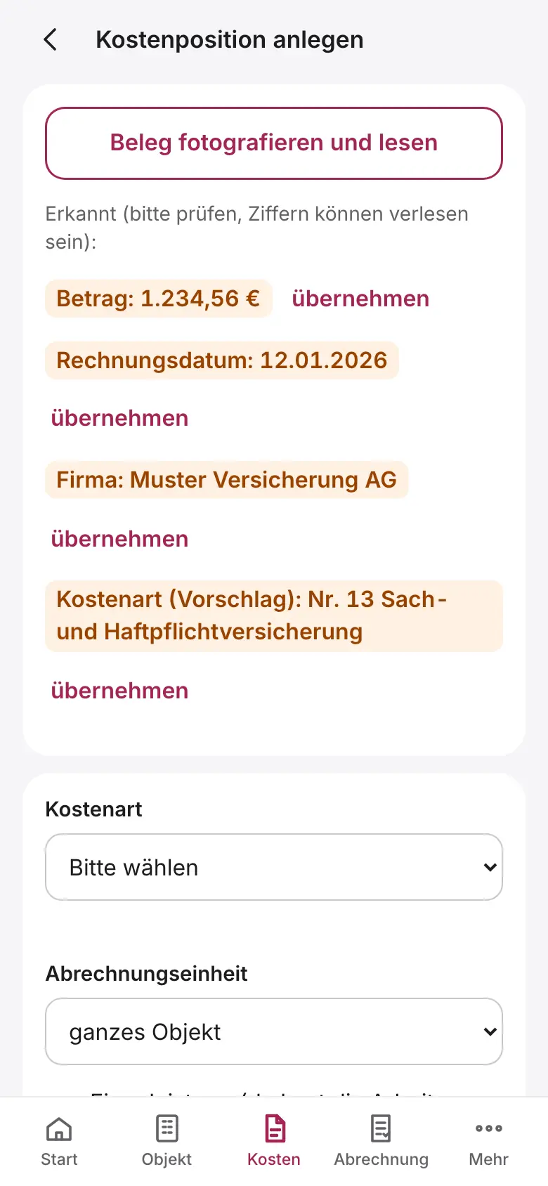 Hilea Vermieter: eine Kostenposition mit dem Knopf Beleg fotografieren und lesen, darunter die gelesenen Werte als Vorschläge zum Übernehmen.