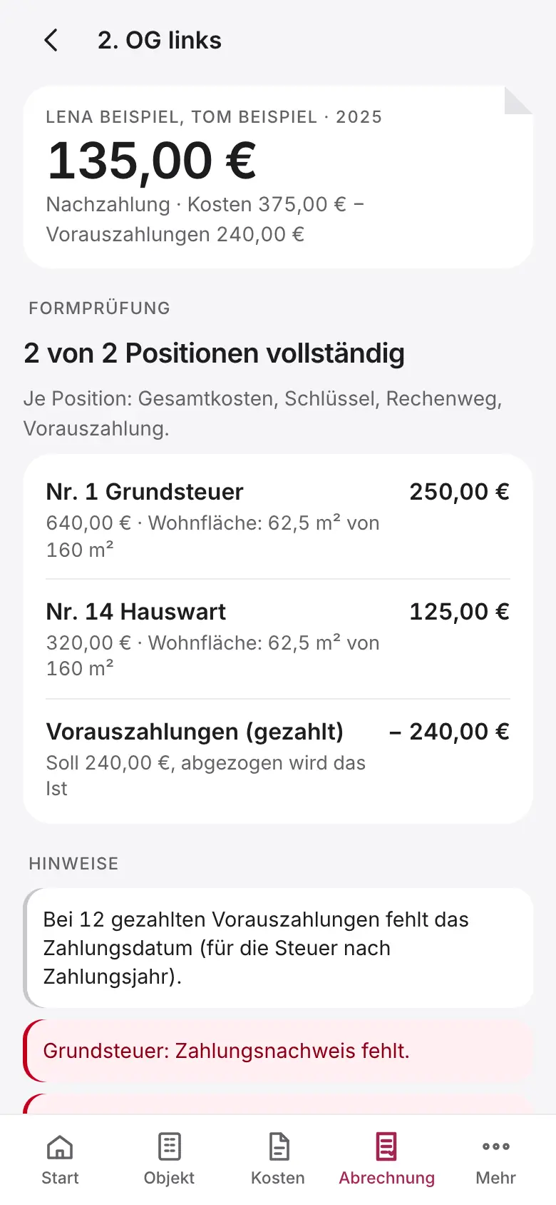 Hilea Vermieter: die Abrechnung eines Mieters mit Formprüfung, den Positionen mit Kosten, Schlüssel und Anteil sowie dem Ergebnis als Nachzahlung.