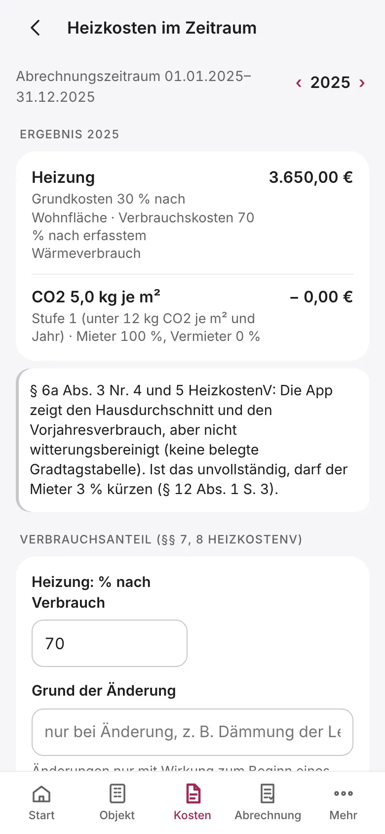 Hilea Vermieter: die Heizkosten im Abrechnungszeitraum mit dem Ergebnis je Mieter, der CO2-Einstufung nach Stufen und dem Verbrauchsanteil.