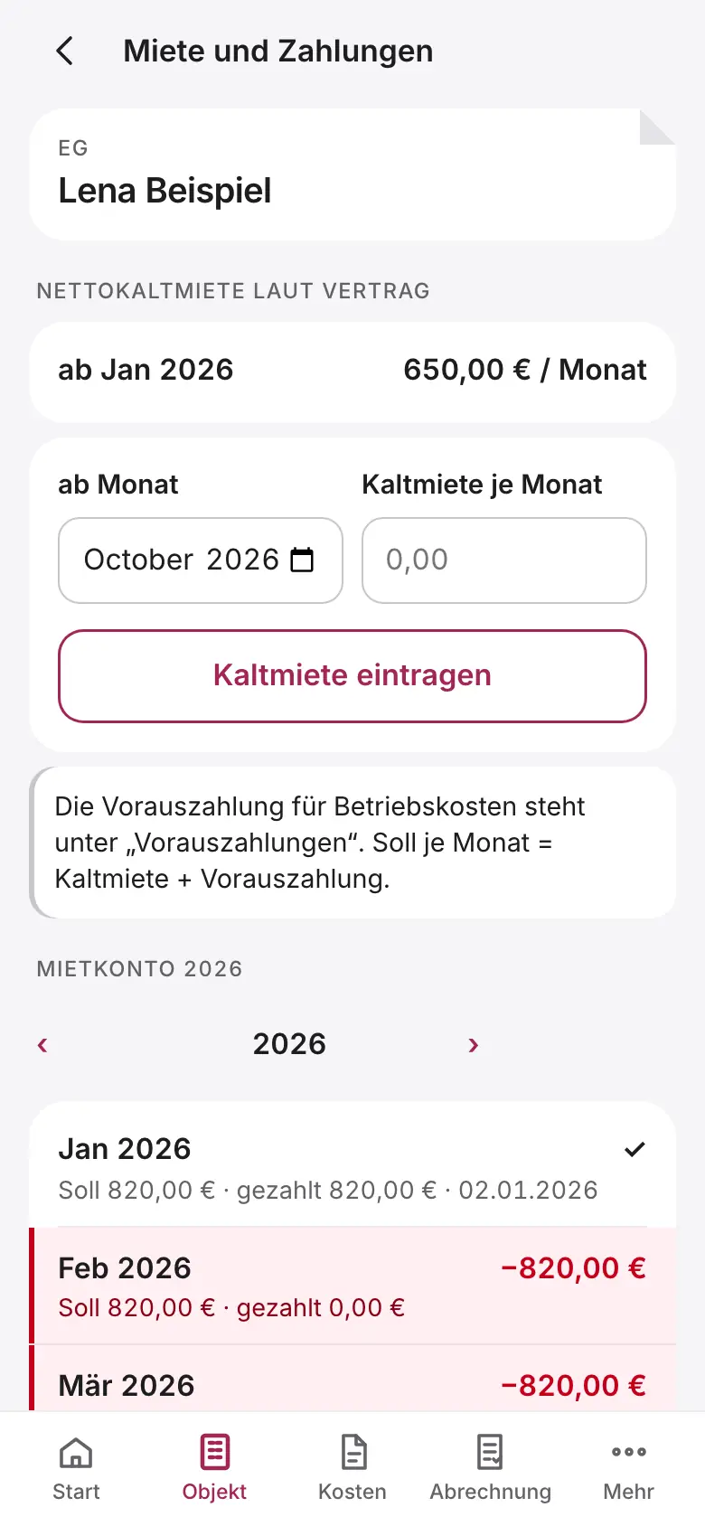 Hilea Vermieter: das Mietkonto eines Mieters mit Soll und Ist je Monat und einem markierten Rückstand.