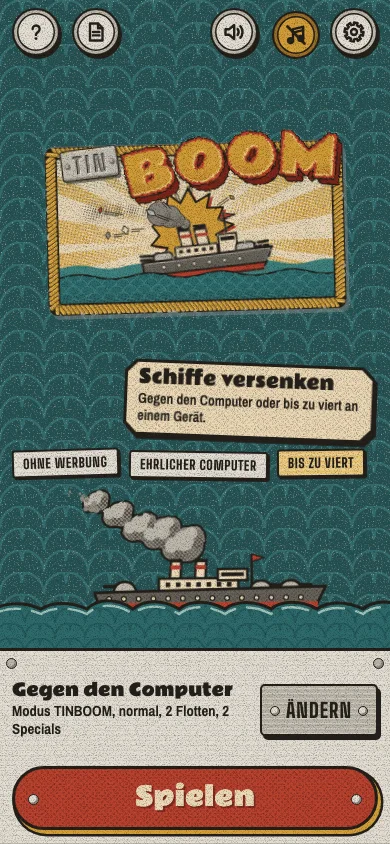 TINBOOM auf einem Telefon: das Logo auf einem Blechschild, darunter ein Schild „Schiffe versenken“, drei Prägemarken Ohne Werbung, Ehrlicher Computer, Bis zu viert, ein dampfendes Schiff auf gedruckten Wellen und der rote Knopf Spielen.